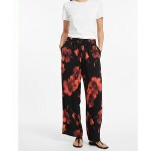 Universal Standard Wide-Leg Rayon Pants Womens Black Floral 4XS Elastic Waist
